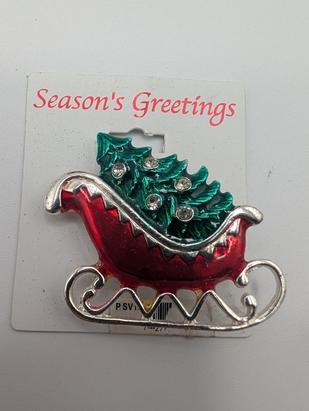 Vintage Christmas Sleigh Tree Rhinestone Brooch Pin Ornament Season's Greetings